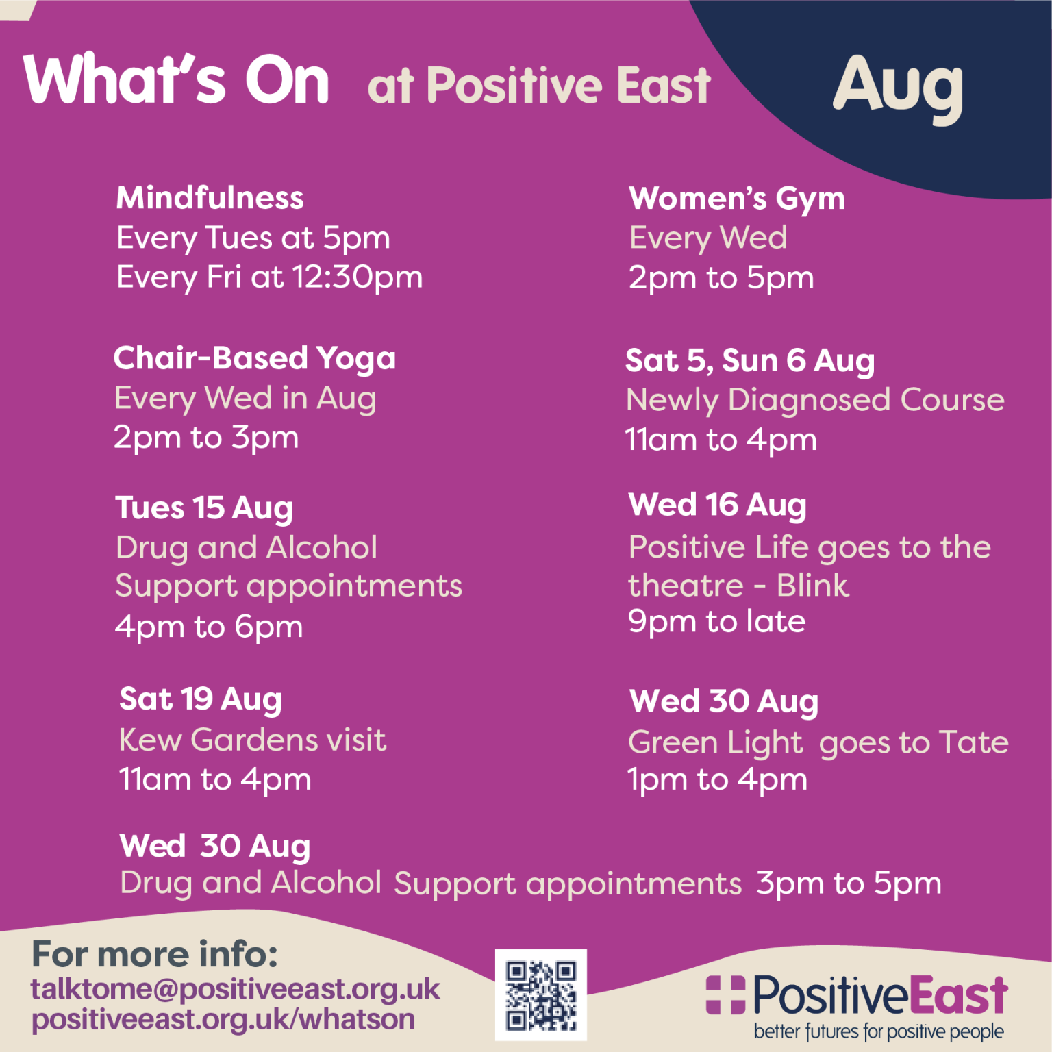 August Calendar of Positive East groups, courses, and events