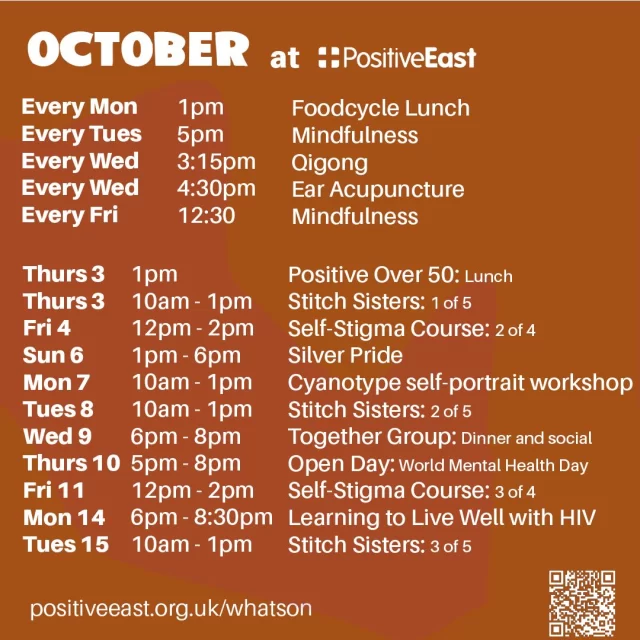 Swipe to find out everything that is happening at Positive East in October!

We have a busy month of support groups, workshops, weekly and one off events, find out more through the link in our bio!